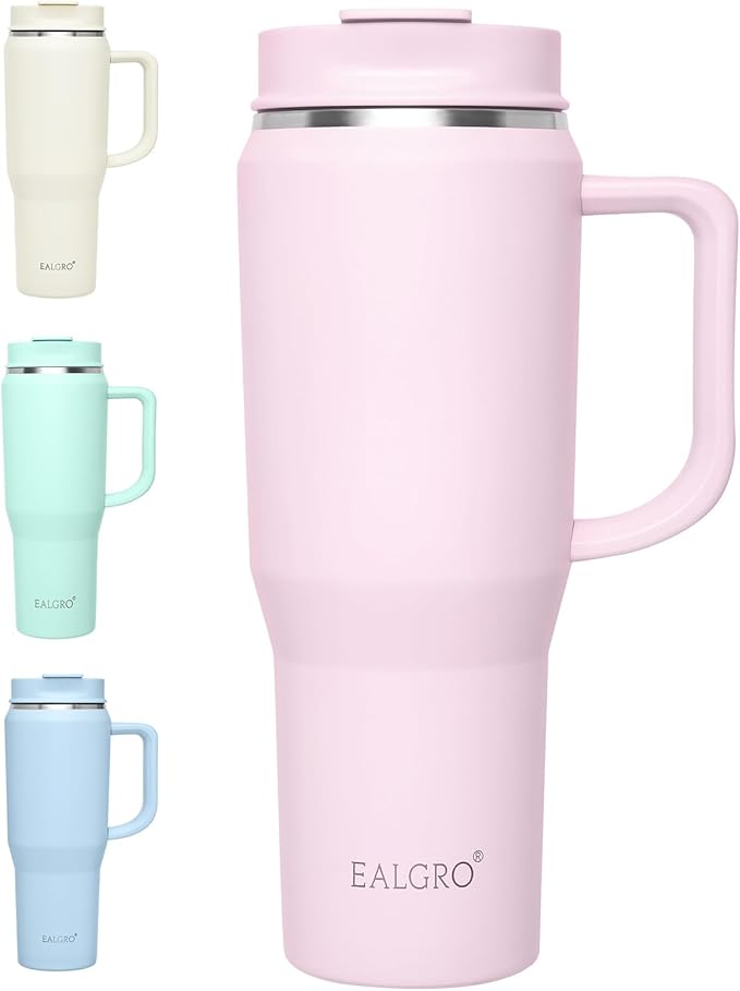 40 oz Tumbler with Handle, Insulated Tumblers with Lid and Straw, Large Metal Sports Water Bottle Jug, Thermal Stainless Steel Travel Coffee Mug Cup, Blush