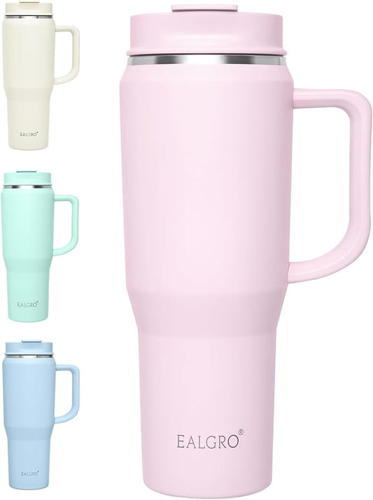 40 oz Tumbler with Handle, Insulated Tumblers with Lid and Straw, Large Metal Sports Water Bottle Jug, Thermal Stainless Steel Travel Coffee Mug Cup, Blush
