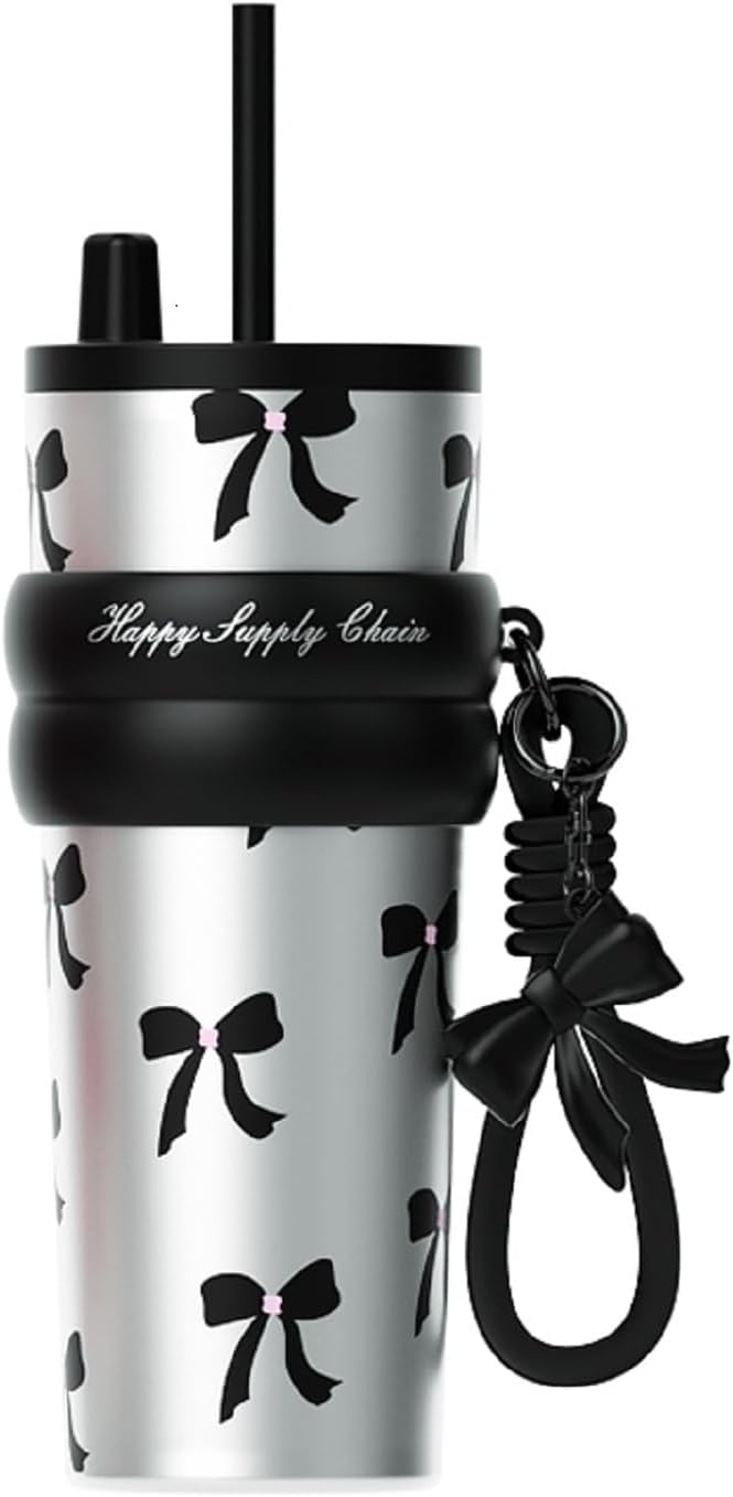 24 oz Stainless Steel Tumbler with Lid and Straw, Insulated Water Bottle Leak Proof for Hot and Cold, Portable Travel Coffee Mug, Reusable Coffee Cup for Women, Bow