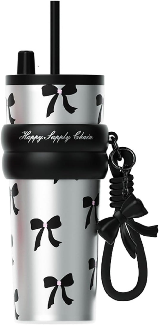 24 oz Stainless Steel Tumbler with Lid and Straw, Insulated Water Bottle Leak Proof for Hot and Cold, Portable Travel Coffee Mug, Reusable Coffee Cup for Women, Bow