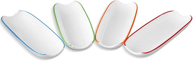 Cinf Colorful Side Ceramic Corn Cob Holders 8.8" Corn Dishes Set of 4, White Dishes Non-slip Bottom Microwave Dishwasher Oven Safe