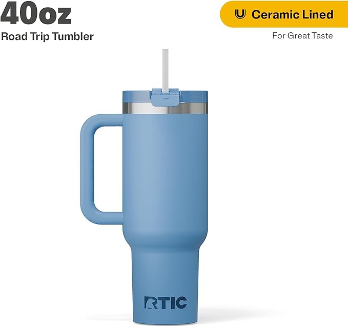 RTIC 40 oz Road Trip Tumbler Double-Walled Insulated Stainless Steel Portable Travel Coffee Mug Cup with Lid, Handle and Straw, Denim