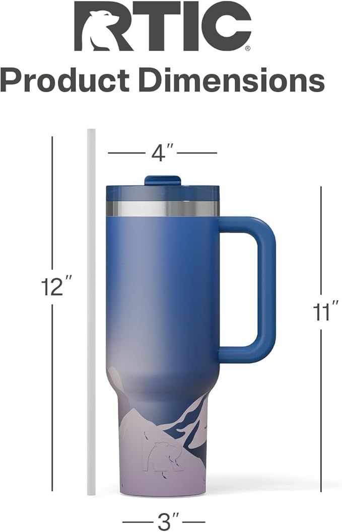 RTIC 40 oz Road Trip Tumbler Double-Walled Cermaic Lined Insulated Stainless Steel Portable Travel Coffee Mug Cup with Lid, Handle and Straw, Snowy Peak