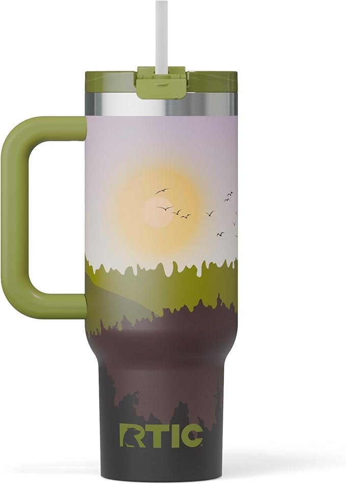 RTIC 30 oz Road Trip Tumbler Double-Walled Ceramic Lined InsulatedStainless Steel Portable Travel Coffee Mug Cup with Lid, Handle and Straw, Deep Woods