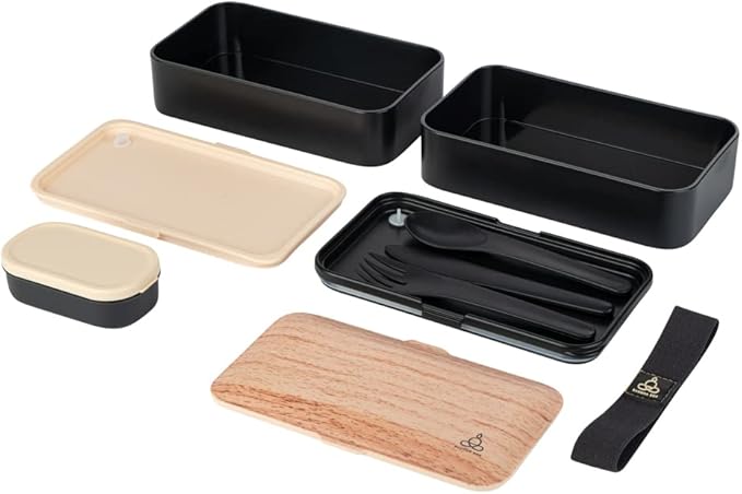 Restaurantware Bento Tek 40.5 Ounces Stackable Lunch Box 1 Reusable Adult Lunch Container - With Utensils Sauce Cup Wood Grain & Black Plastic Layered Lunch Box Microwavable Dishwashable