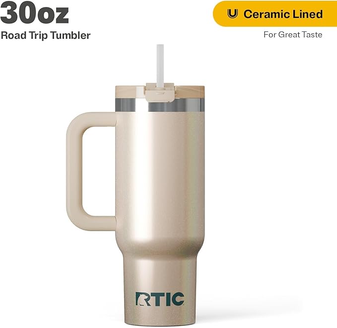 RTIC 30 oz Road Trip Tumbler Double-Walled Ceramic Lined InsulatedStainless Steel Portable Travel Coffee Mug Cup with Lid, Handle and Straw, Beach Glitter