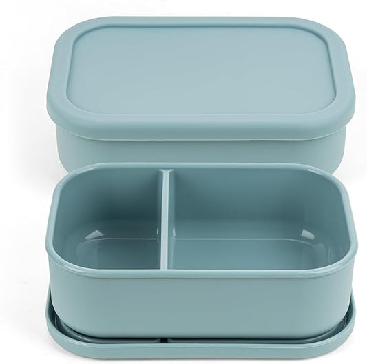 Silicone Bento Box for Adult, Stackable Leak-Proof 2-Compartment Silicone Lunch Container, BPA-Free, Microwave & Dishwasher Safe, Reusable Portable Meal Box for Office, Travel, Outdoors, Green