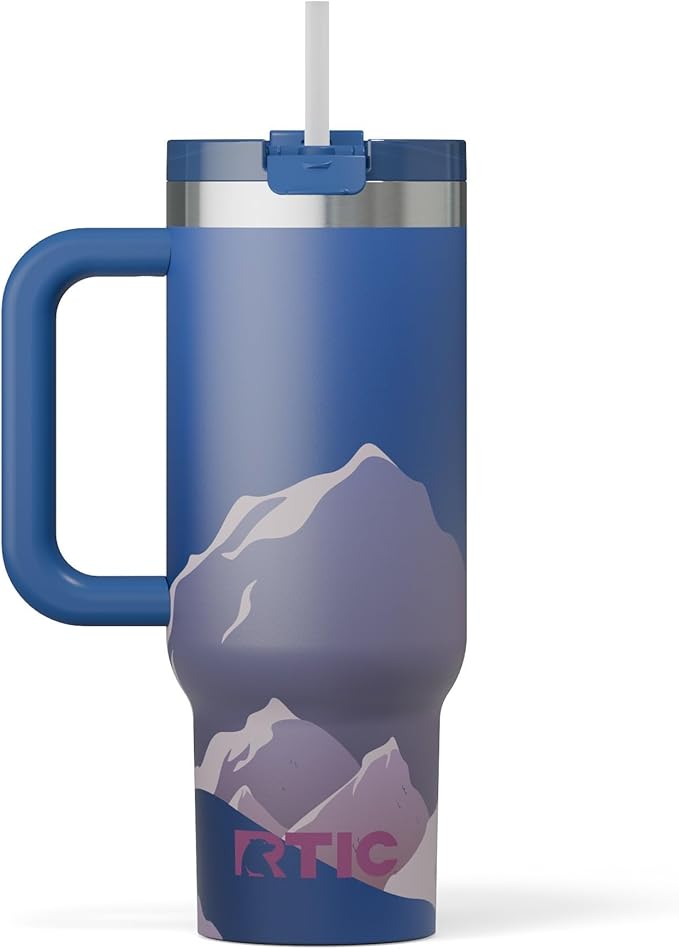 RTIC 30 oz Road Trip Tumbler Double-Walled Ceramic Lined InsulatedStainless Steel Portable Travel Coffee Mug Cup with Lid, Handle and Straw, Snowy Peak