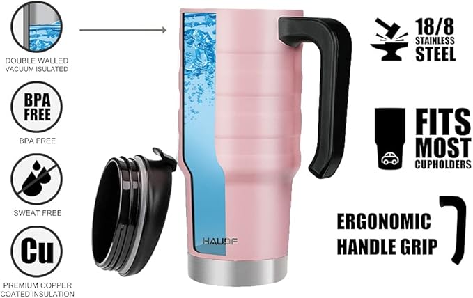 HAUSHOF 24 oz Travel Mug, Stainless Double Wall Vacuum Insulated Tumbler with Handle & Spill Proof Twist On Flip Lid and Wide Mouth, BPA Free (Pink)