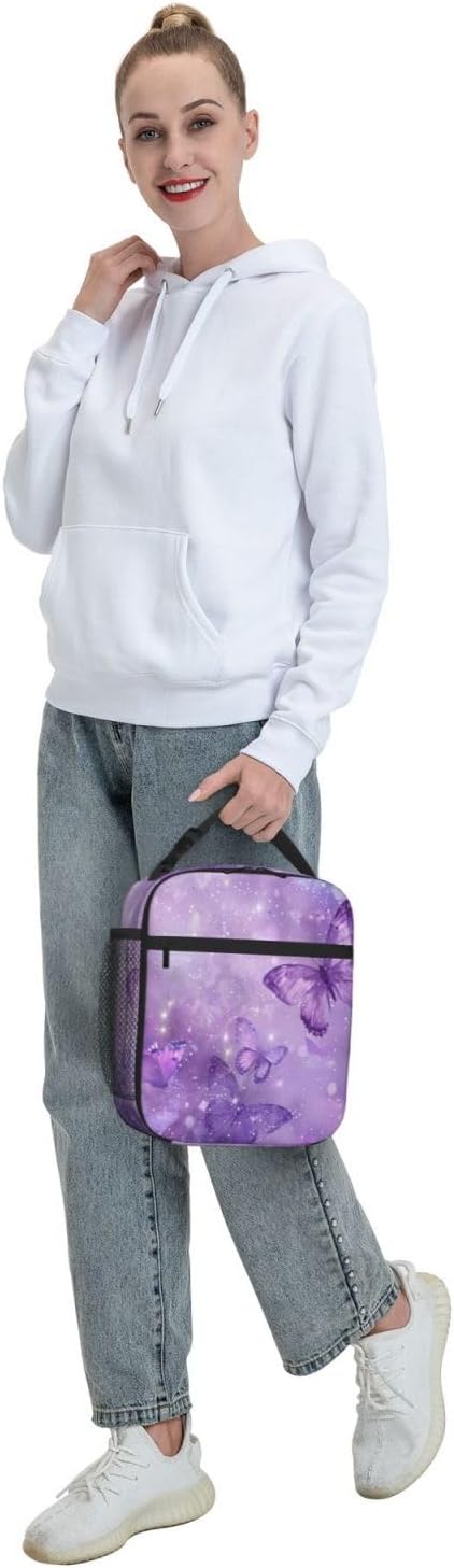 SUPLUCHOM Lunch Bag Butterfly Purple Pastel Insulated Box Reusable with Side Pocket for Girl Boy Women Men Work School Picnic Hiking Daytrip Over 3 Years Old