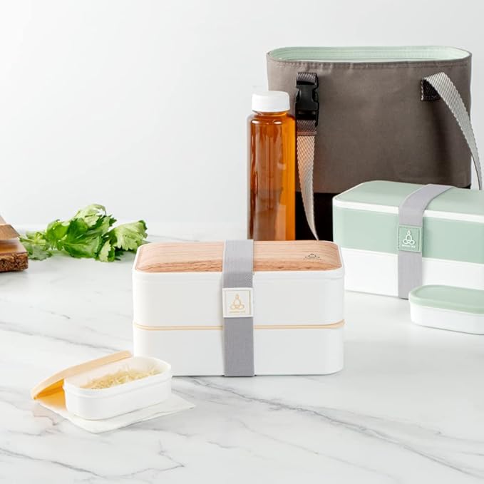 Restaurantware Bento Tek 40.5 Ounces Stackable Lunch Box 1 Reusable Adult Lunch Container - With Utensils Included Sauce Cup Wood Grain & White Plastic Layered Lunch Box Microwavable Dishwashable