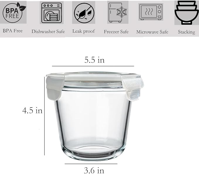 24 Oz Glass Food Storage Container, 3 Cup Round Glass Soup Container with Airtight Lids, Round Food Containers, Leakproof Soup Storage Container, DishwasherMicrowave & Freezer Safe (4 Pack)