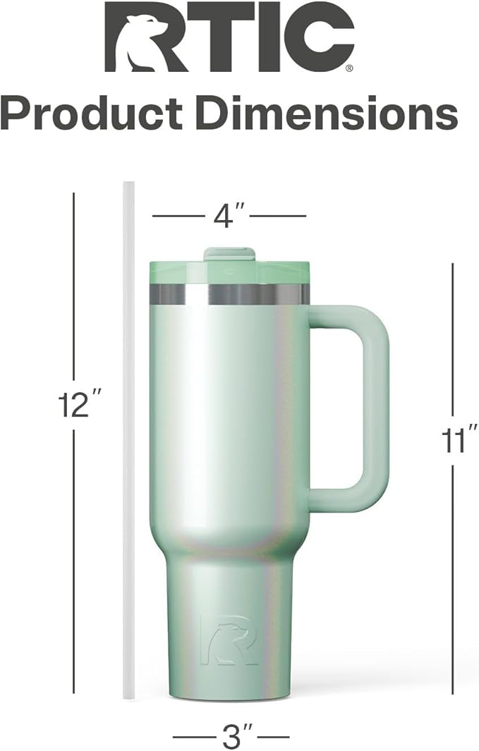 RTIC 40 oz Road Trip Tumbler Double-Walled Cermaic Lined Insulated Stainless Steel Portable Travel Coffee Mug Cup with Lid, Handle and Straw, Fresh Mint Glitter
