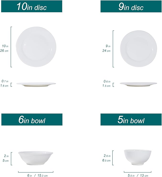 16 Piece White Dinnerware Sets for 4, Porcelain Plates and Bowls Sets, Dishwasher Oven and Microwave Safe - Elegant Kitchen Dish Sets, QOMO-1996
