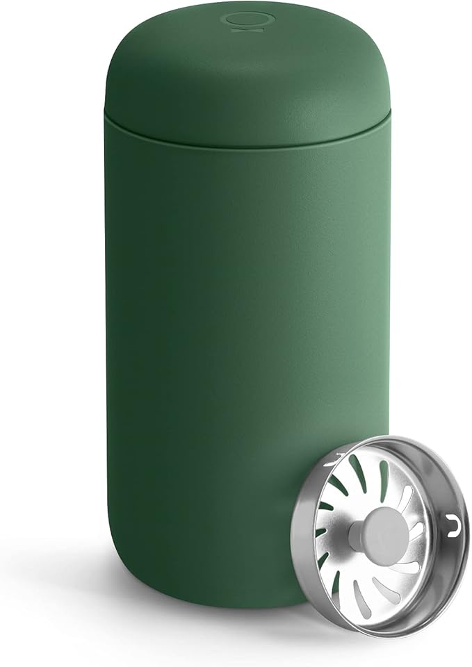 Fellow 12 oz Carter Move Travel Mug - Vacuum-Insulated Stainless Steel Travel Coffee Mug - Coffee Tumbler with Ceramic Interior and Splash Guard - Cargo Green