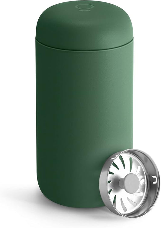 Fellow 12 oz Carter Move Travel Mug - Vacuum-Insulated Stainless Steel Travel Coffee Mug - Coffee Tumbler with Ceramic Interior and Splash Guard - Cargo Green