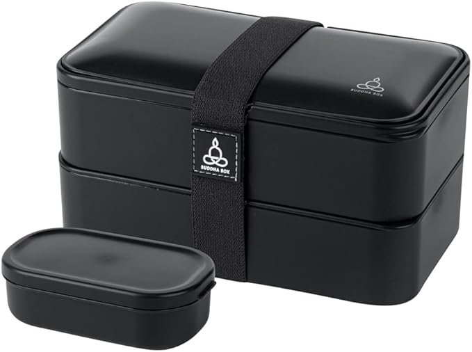 Restaurantware Bento Tek 40.5 Ounces Stackable Lunch Box 1 Reusable Adult Lunch Container - With Utensils Included Sauce Cup Black Plastic Layered Lunch Box Microwavable Dishwashable