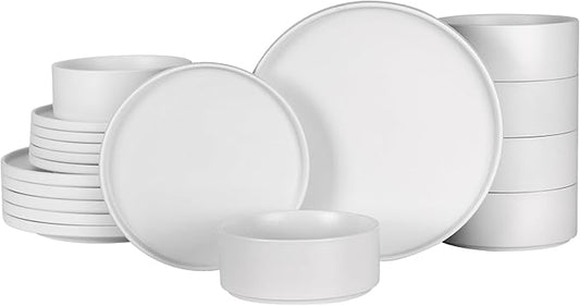 GZG Classic Series - Plates and Bowls Set for 6, 18 Piece Stoneware Dinnerware Sets, Microwave and Dishwasher Safe Lead-Free Handcrafted Ceramic Dishes Set - Ivory White