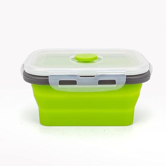 CCyanzi 3piece Collapsible Food Storage Containers with Lids, Silicone Lunch Container, Microwave & Freezer Safe, Space Saving for Kitchen Cabinet and Camping Backpack,(green gray)