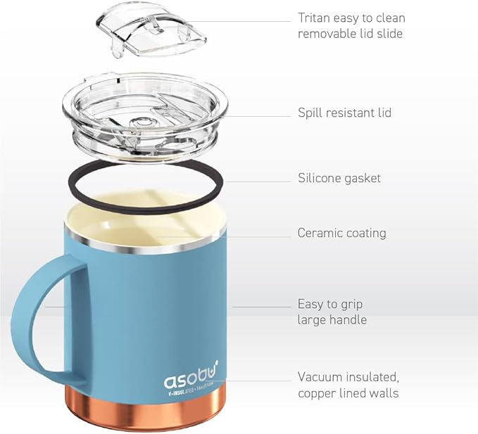 asobu Ultimate Ceramic Travel Mug, 12oz Insulated Stainless Steel Coffee Cup with Handle & Splash-Resistant Lid, Ceramic Lined for Pure Taste, BPA-Free, Double-Wall Vacuum for Hot Drinks