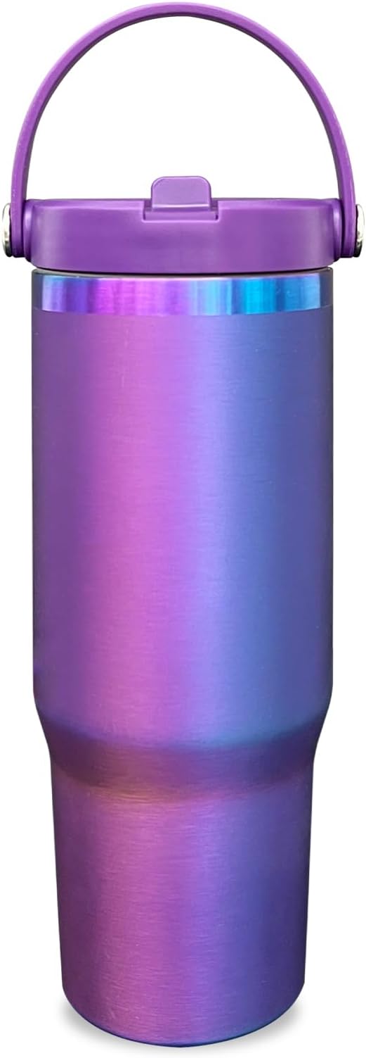 30 oz Tumbler with Handle and Straw, Vacuum Insulated Tumblers with Flip Straw and Top Handle, Leakproof Powder Coated Tumbler, Stainless Steel Travel Mug for Coffee Water (BluePurple, 1 Pack)