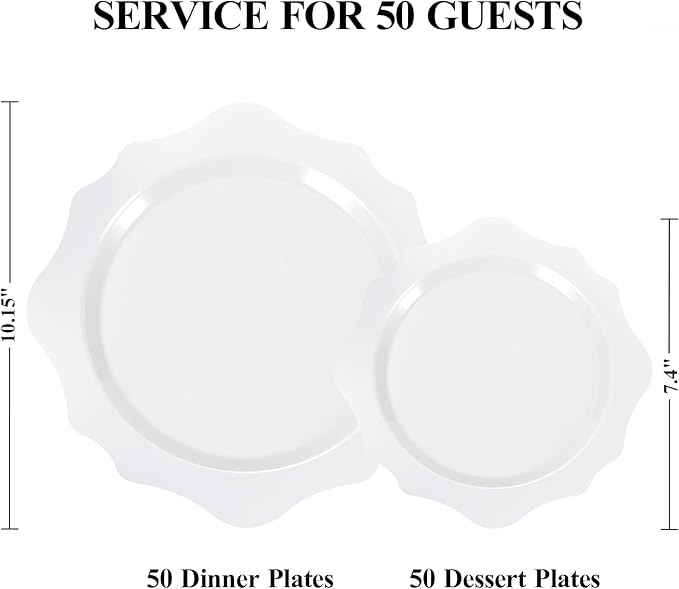 100 PCS White Disposable Plates for 50 Guests, Scalloped Plastic Plates Include 50 Dinner Plates and 50 Dessert Plates for Party, Wedding
