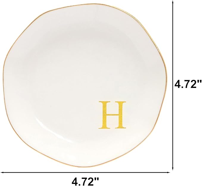 Ceramic Jewelry Tray Initial Ring Dish Personalized H-Monogrammed Engagement Wedding Gifts, for Birthday Mother's Day Christmas for Women, Ceramic White 4.75" (H)