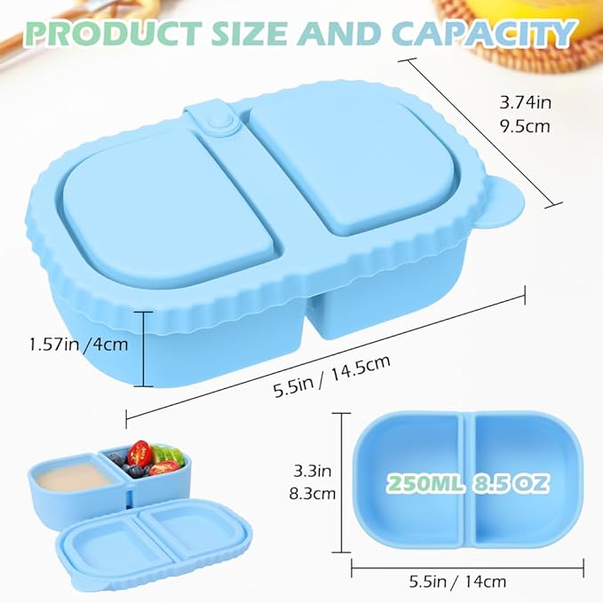 YQL 3 Pack Premium Silicone Reusable Snack Containers with Lids, Double Compartment Snack Box for Kids, Portable Food Containers for Sauce and Salad, Leakproof Snackle Packs for School, Picnic, Office