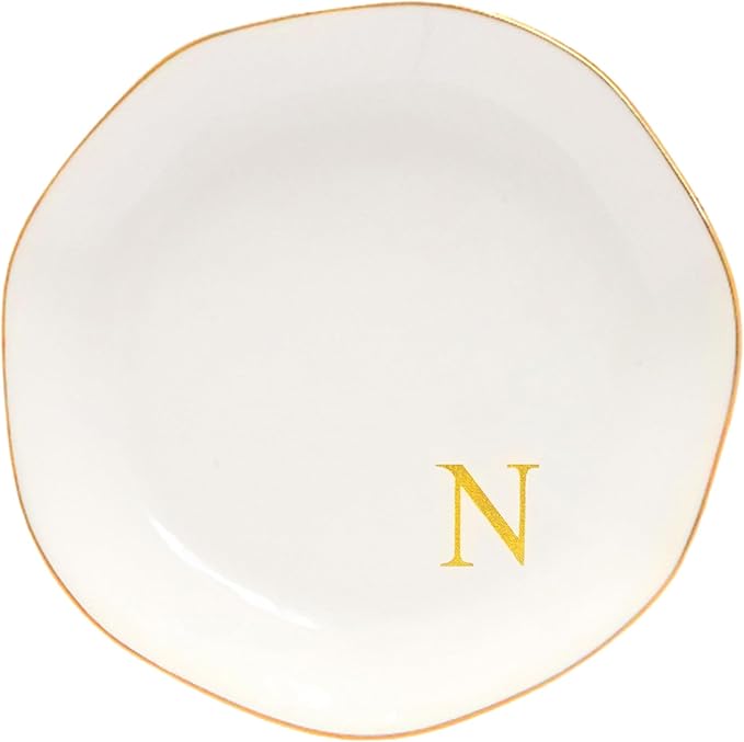 Ceramic Jewelry Tray Initial Ring Dish Personalized N-Monogrammed Engagement Wedding Gifts, for Birthday Mother's Day Christmas for Women, Ceramic White 4.75" (N)