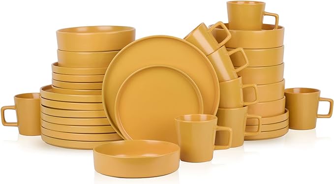 Stone Lain Cleo Modern Stoneware 32-Piece Dinnerware Set, Plates and Bowls Set, Pasta Bowls, Dish Set Service For 8, Yellow