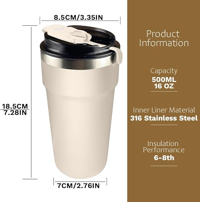 Travel coffee mugs leak-proof, reusable coffee cups with lids, stainless steel vacuum thermos coffe tumblers,thermal insulation cups for men and women hot & cold drinks (4th-White, 16OZ)