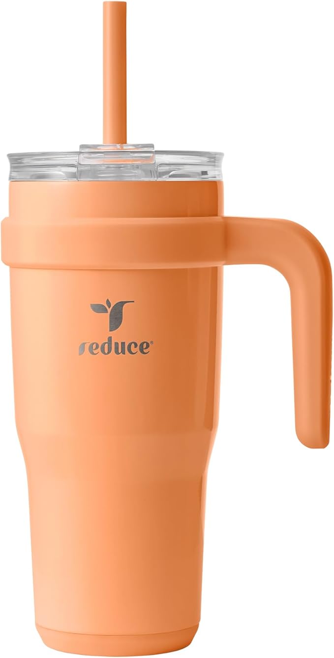 REDUCE 24 oz Tumbler with Handle - Vacuum Insulated Stainless Steel Travel Mug with Sip-It-Your-Way Lid and Straw - Keeps Drinks Cold up to 24 Hours - Sweat Proof, Dishwasher Safe - OG Papaya