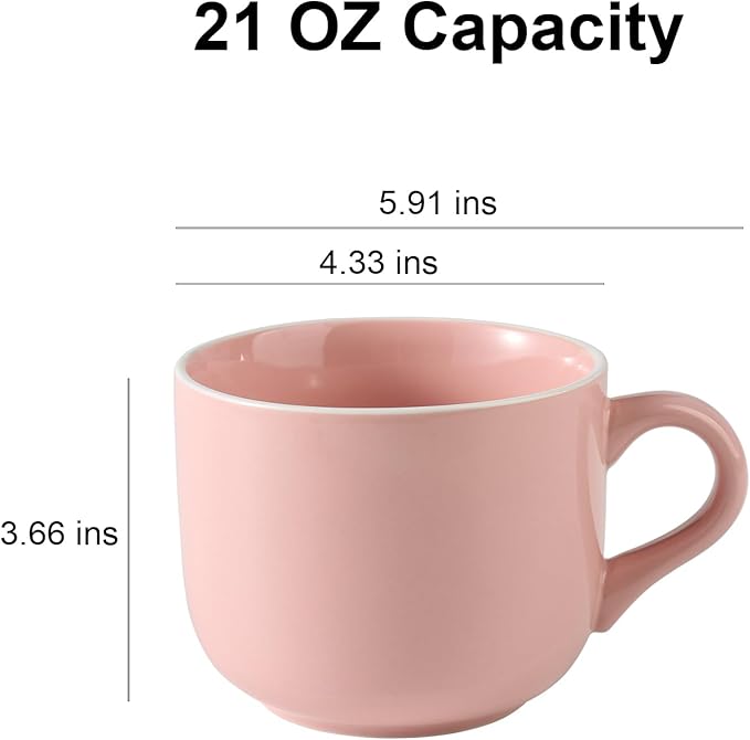 21 OZ Large Soup Mugs with Handles Microwave Safe, Oven Proof Soup Bowls, Porcelain Soup Cup for Dishwasher, Home, Office, Breakfast, Tea Parties, Dinner, Pink