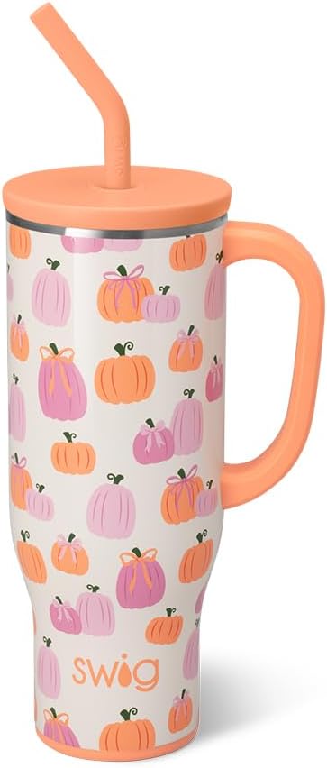 Swig Life 30oz Mega Mug, 30oz Tumbler with Handle and Straw, Large Insulated Tumblers, Cup Holder Friendly Travel Mug, Stainless Steel 30 oz Tumbler, Reusable Insulated Bottle (Pumpkins and Bows)