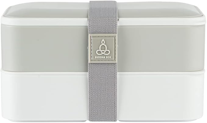 Restaurantware-Bento Tek 40.5 Ounces Stackable Lunch Meal Box, 1 Reusable Adult Lunch Container - With Utensils, Included Sauce Cup, Gray & White Plastic Layered Meal Box, Microwavable, Dishwashable