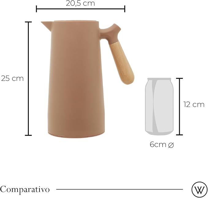 WOLFF - Thermal Coffee Carafe – 34oz/1L Insulated Food-Safe Plastic Exterior and Glass Liner, Wood-Style Handle – Keeps Drinks Hot or Cold for Hours, Coffee and Tea Dispenser - Nude Pink, 34floz/1L