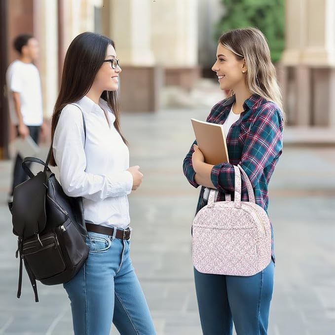 Quilted Lunch Box for Women,Insulated Cute Reusable Lunch Bag with Front Pocket,Pink Flower Stylish Lunch Tote Bag for Work, Office,Picnic, Travel,School (pink floral)