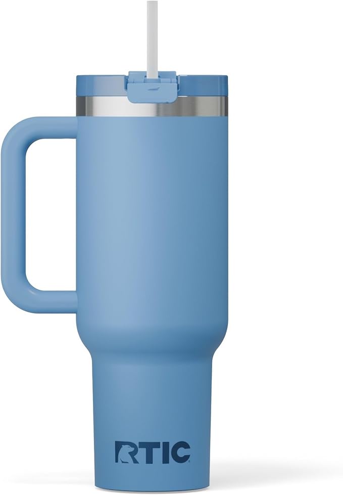 RTIC 40 oz Road Trip Tumbler Double-Walled Insulated Stainless Steel Portable Travel Coffee Mug Cup with Lid, Handle and Straw, Denim
