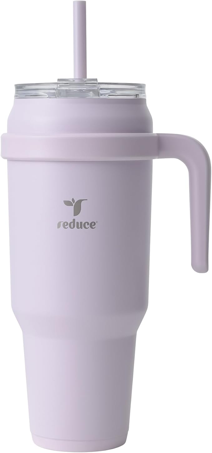 Reduce Reusable 50 oz Cold1 Water Tumbler – Ergonomic Handle – Double-Wall Insulation – Sturdy Desktop/Tabletop Mug with Lid and Straw -BPA-Free –Stainless Steel for Gym, Home, Office– Gentle Lavender
