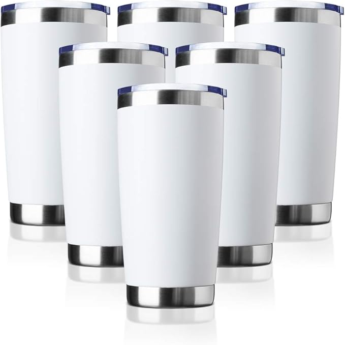 20oz Tumbler Bulk Stainless Steel Vacuum Insulated Tumblers with Lid Double Wall Travel Mug Durable Powder Coated Coffee Cup, Suitable for Ice Drinks and Hot Beverage (White 6pack)