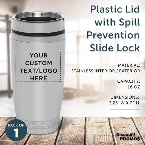 DISCOUNT PROMOS Custom 16 oz Stainless Steel Coffee Tumbler - Custom Cups with Names, Photos, Logos - Personalized Design for Hot & Cold Drinks - Silver