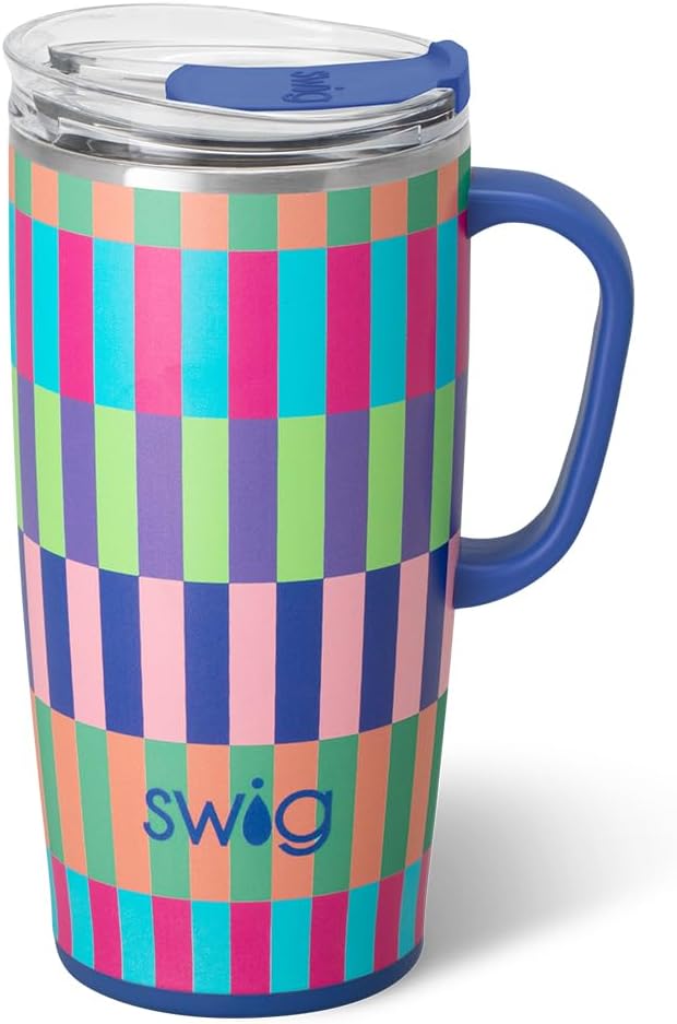 Swig Life 22oz Travel Mug, Insulated Tumbler with Handle and Lid, Travel Coffee Mug, Cup Holder Friendly, Stainless Steel 22 oz Tumbler, Reusable Insulated with Lid (Brite Stripe)