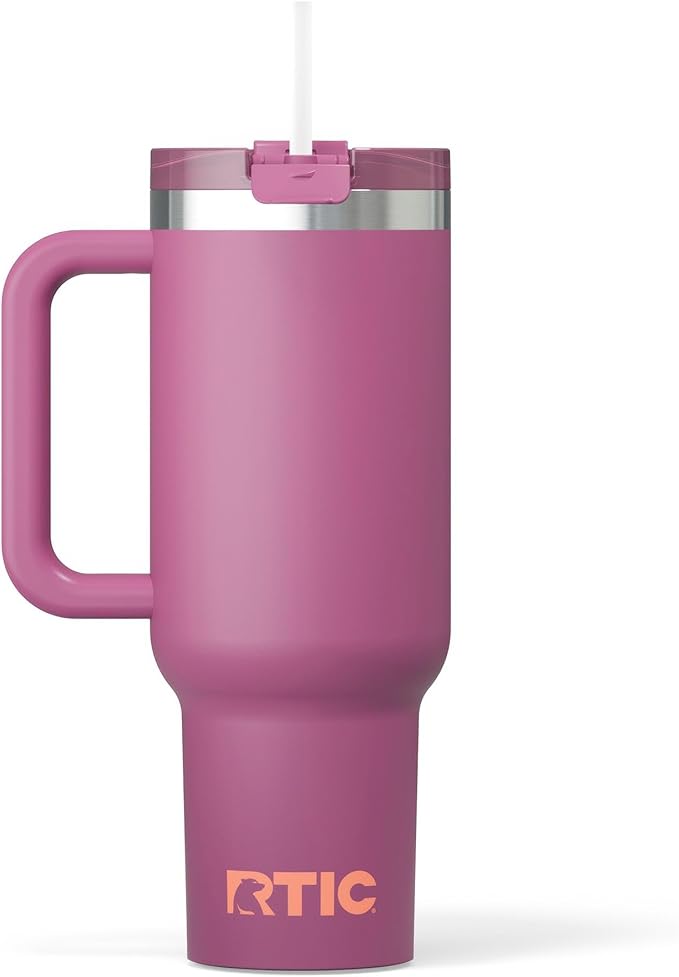 RTIC 40 oz Road Trip Tumbler Double-Walled Cermaic Lined Insulated Stainless Steel Portable Travel Coffee Mug Cup with Lid, Handle and Straw, Orchid