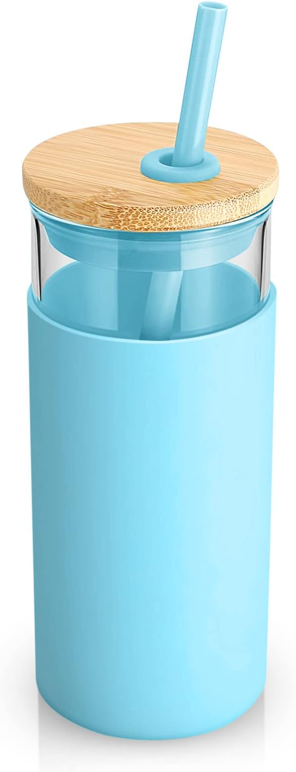 Tronco 20 oz Glass Tumbler with Lid and Straw, Iced Coffee Cup and Smoothie Cup with Bamboo Lids & Protective Silicone Sleeve, Dishwasher Safe, BPA-Free, Glass Cup 1 Pack