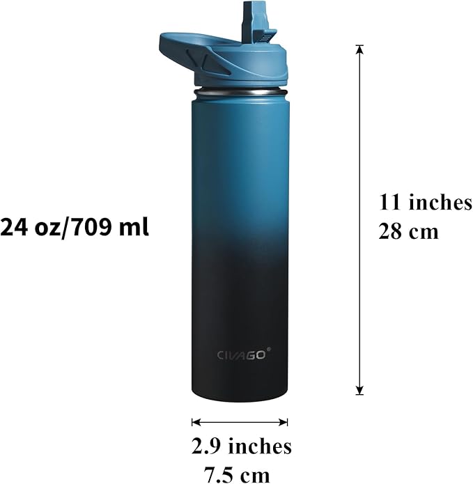 CIVAGO 24 oz Insulated Water Bottle With Straw, Stainless Steel Sports Water Flask Cup with 3 Lids (Straw, Spout and Handle Lid), Double Walled Travel Thermal Canteen Mug, Army Green