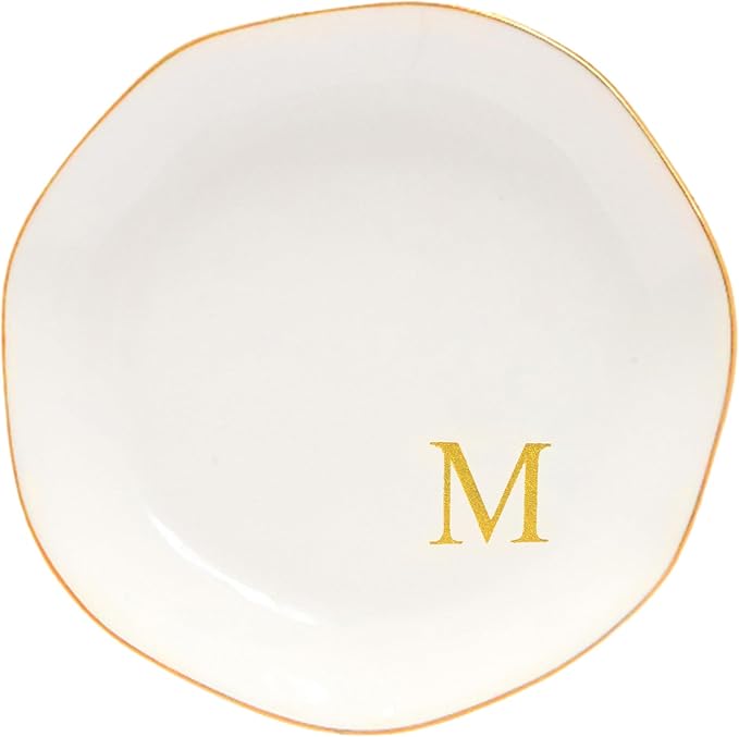 Ceramic Jewelry Tray Initial Ring Dish Personalized M-Monogrammed Engagement Wedding Gifts, for Birthday Mother's Day Christmas for Women, Ceramic White 4.75" (M)