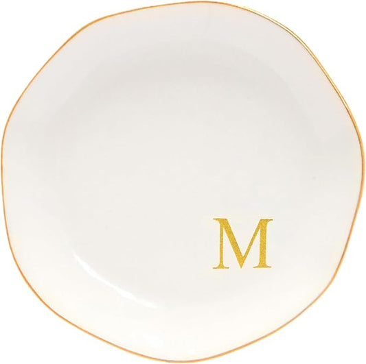 Ceramic Jewelry Tray Initial Ring Dish Personalized M-Monogrammed Engagement Wedding Gifts, for Birthday Mother's Day Christmas for Women, Ceramic White 4.75" (M)