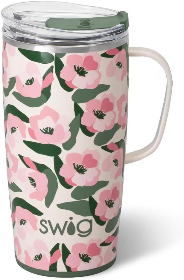 Swig Life 22oz Travel Mug, Insulated Tumbler with Handle and Lid, Travel Coffee Mug, Cup Holder Friendly, Stainless Steel 22 oz Tumbler, Reusable Insulated with Lid (Sweet Pea)