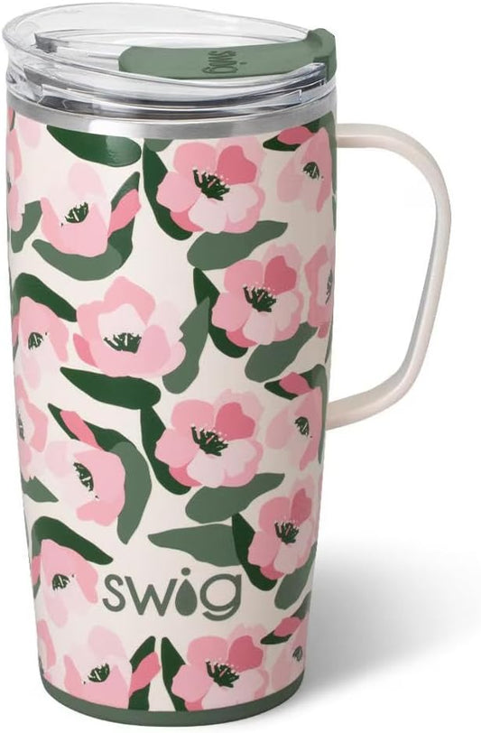 Swig Life 22oz Travel Mug, Insulated Tumbler with Handle and Lid, Travel Coffee Mug, Cup Holder Friendly, Stainless Steel 22 oz Tumbler, Reusable Insulated with Lid (Sweet Pea)