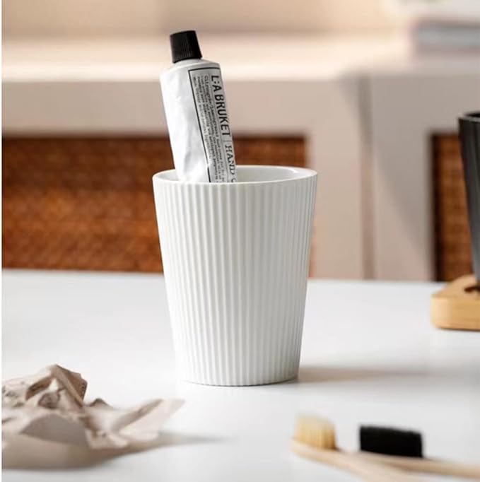 Simple Vertical Pattern Ceramic Wash Cup for Mouthwash - Home & Hotel Toothbrush Cup (White & Blue)